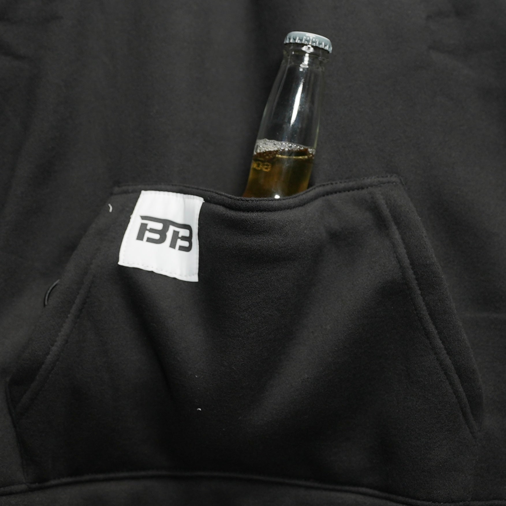 Logo-Black-beer-pocket-hoodie-with-bottle-opener-beer-holder