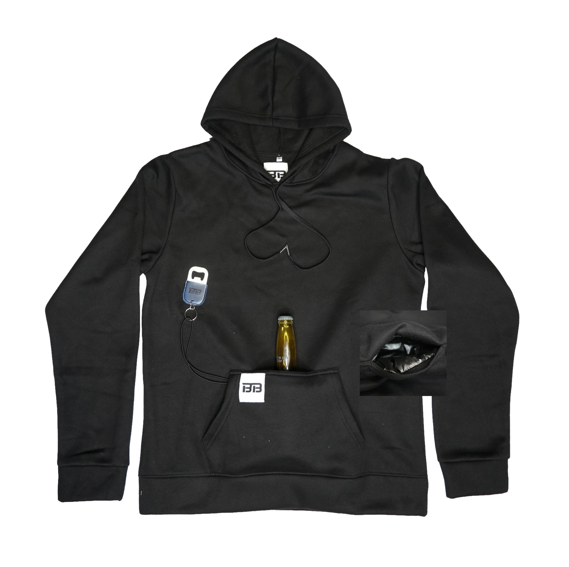    Logo-Black-beer-pocket-hoodie-with-bottle-opener-waterproof-pocket